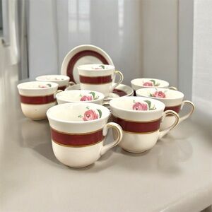 Fondeville Ambassador Ware England 8 Tea Cups 8 Saucers Maroon Rose Rare Vintage
